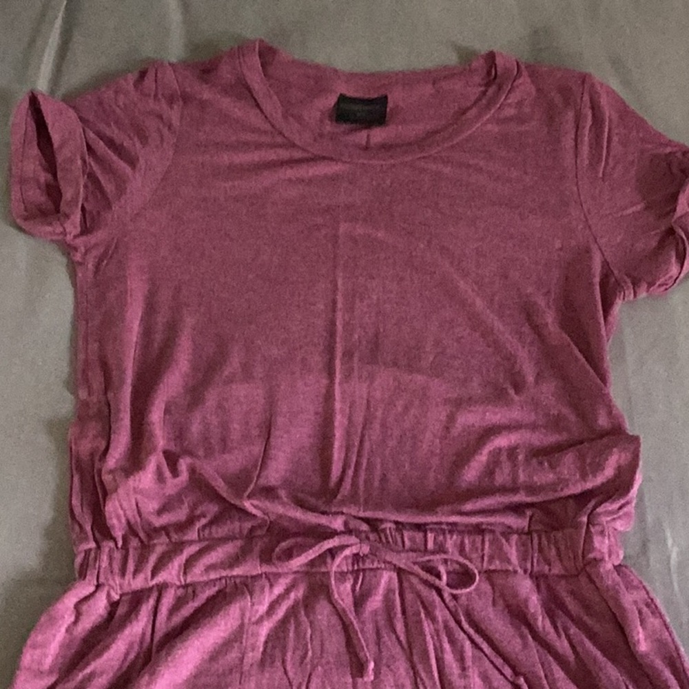 Raspberry colored T-shirt dress with elastic tie waistband.